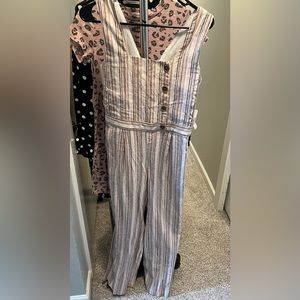 Cream stripped pant romper